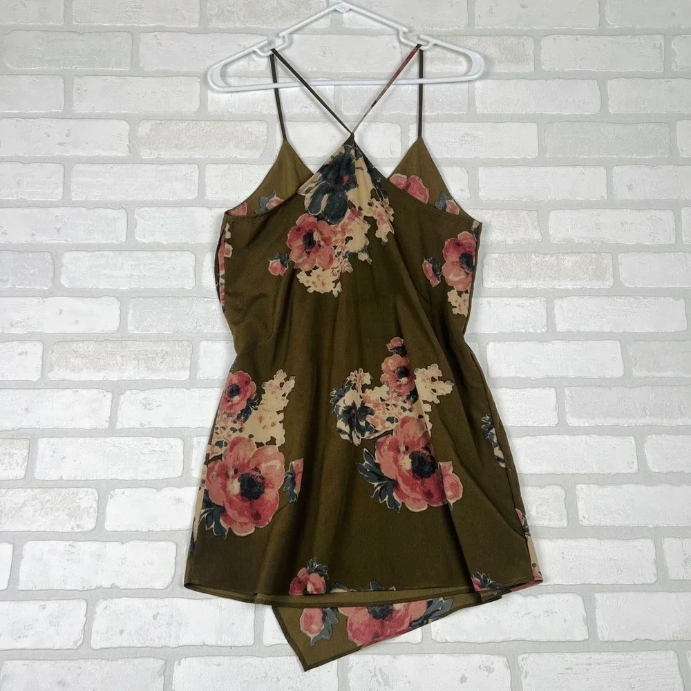Intimately Free People XS Olive Green Floral Cami Cross Back Spaghetti Strap Top